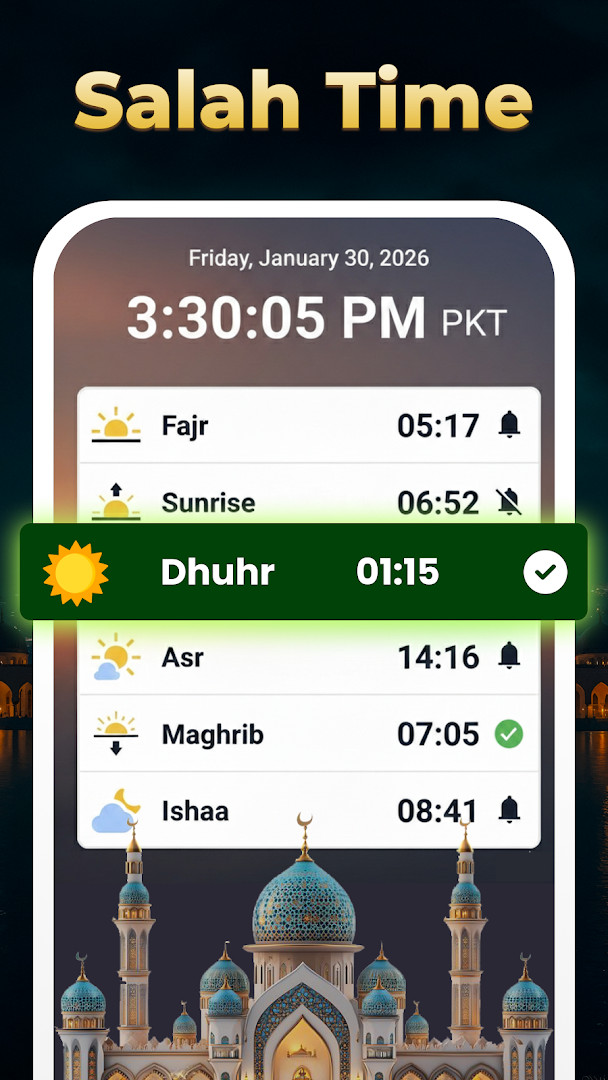 99 Names of Allah screen with list and audio playback option.