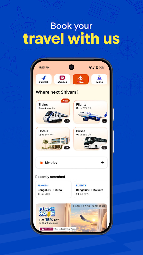 Flipkart Online Shopping App grocery delivery screen with fresh fruits and vegetables.