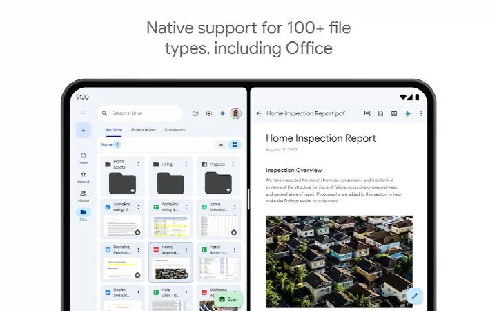 Google Drive tablet view with side by side layout and drag and drop